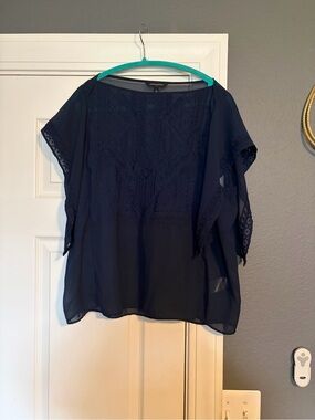 Banana Republic Navy Sheer Lace Flutter Sleeve Blouse
